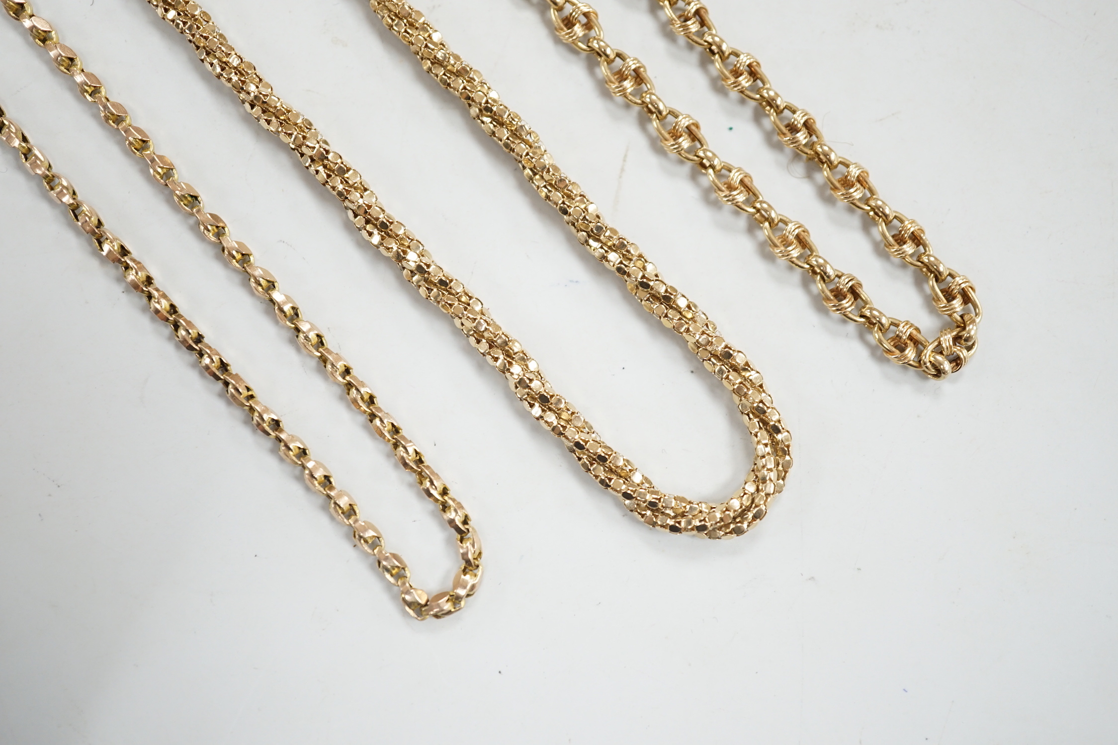 Two 9ct gold chains including triple strand twist, together with a 9c chain, gross weight 34.6 grams.